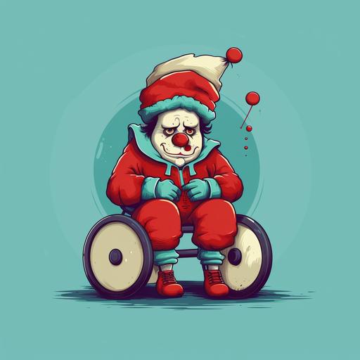 sad clown on monocycle with funny hat and big red nose in cartoon style