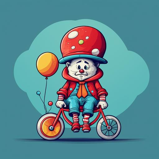 sad clown on monocycle with funny hat and big red nose in cartoon style