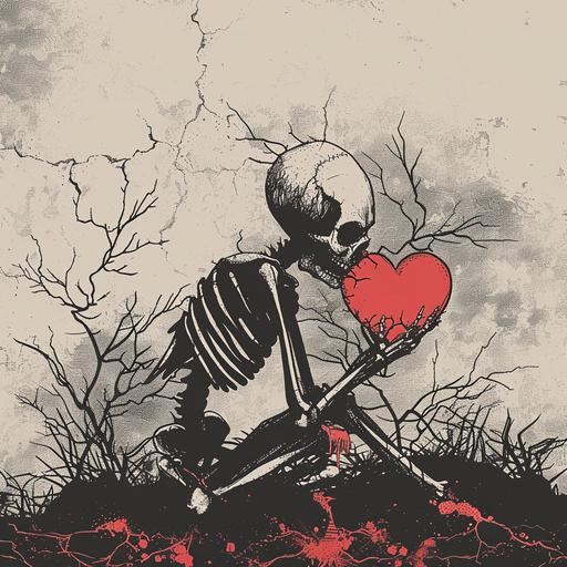 sad love album cover with skeleton holding broken heart, Cartoon
