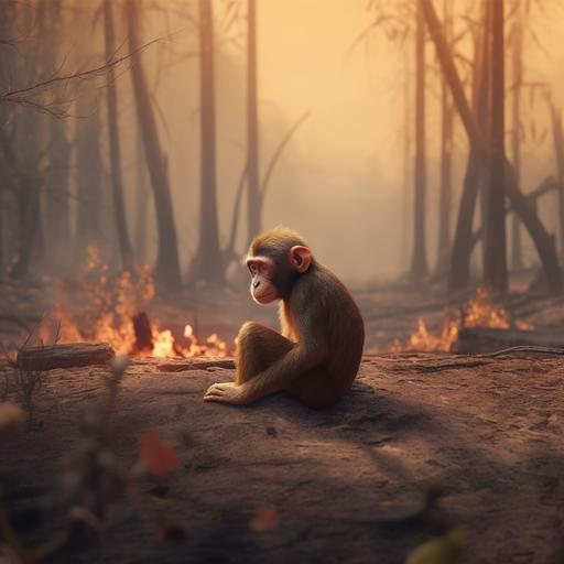 sad monkey sitting on the ground of a rainforest surounded by fire and burning trees, 4k ultra realistic