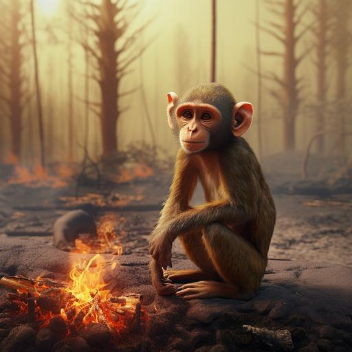 sad monkey sitting on the ground of a rainforest surounded by fire and burning trees, 4k ultra realistic