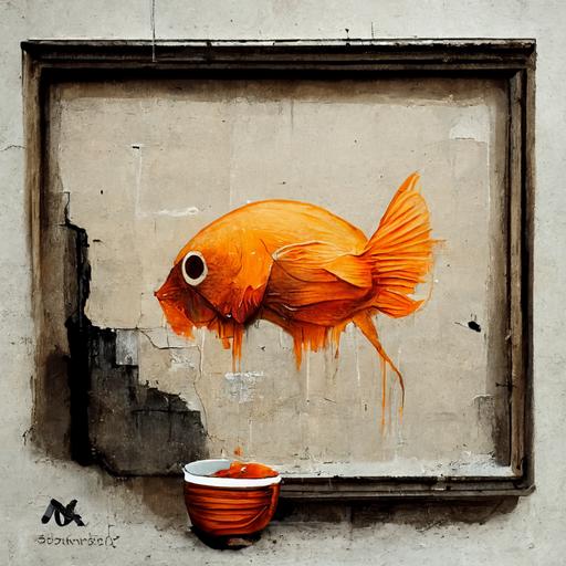 sad monocolor goldfish in a bowl :: street art:: in the style of Banksy :: monocolor on a wall