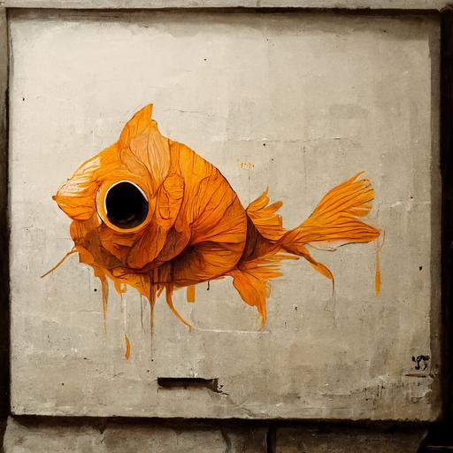 sad monocolor goldfish in a bowl :: street art:: in the style of Banksy :: monocolor on a wall