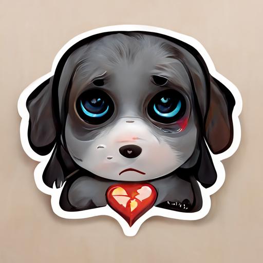 sad puppy face sticker, cute, cartoon, shattered hearts for eyes