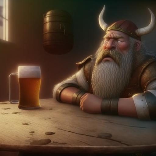 sad viking, spanish flag, beer, brush in hands, paints on table, dramaticlight, ultrarealistic, unreal engine, 4k --v 4