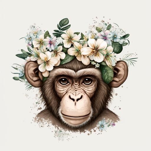 safari cartoon monkey face with flowers on head white background