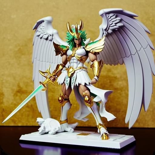 saint seiya myth cloth plastic figure, with sword, four wings, male, green hair, posing, white armor, in diorama of ancient greece