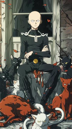 saitama is a one punch man gothic horror cat vampire in a dvd still from the anime one punch man in gothic horror cat vampire world drawn by Yusuke Murata animated by madhouse inc filmed in 2015 --ar 9:16 --style raw --no close up, zoom in