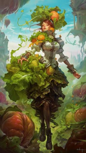 salad - mierlu::0 full body in the style of donato giancola and krenz cushart and Zdzisław Beksiński and anselm kiefer and craig mullins, in an explosion of salad, schizophrenic luminous skin ethereal greenhead dripping sauce lady wearing a salad suit, steampunk, cyberpunk, with monstrous biomechanical generous salad and big lacy juicy peach exploded in a lacy salad setting with flowering epiphytic climbing salad, powerfull inner light, liquid olive oil and vinegar and ink concept art, splashed, monstrous biomechanical dressing salad mechanic , dripping dressing sauce, dripping green and thick sald sauce, wooden fork and spoon, spoon and fork fluing, green flower tattoo, 8k, --ar 9:16 --chaos 80 --s 600 --no mockup --q 2 --uplight --v 5