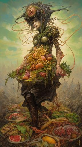 salad - mierlu::0 full body in the style of donato giancola and krenz cushart and Zdzisław Beksiński and anselm kiefer and craig mullins, in an explosion of salad, schizophrenic luminous skin ethereal greenhead dripping sauce lady wearing a salad suit, steampunk, cyberpunk, with monstrous biomechanical generous salad and big lacy juicy peach exploded in a lacy salad setting with flowering epiphytic climbing salad, powerfull inner light, liquid olive oil and vinegar and ink concept art, splashed, monstrous biomechanical dressing salad mechanic , dripping dressing sauce, dripping green and thick sald sauce, wooden fork and spoon, spoon and fork fluing, green flower tattoo, 8k, --ar 9:16 --chaos 80 --s 600 --no mockup --q 2 --uplight --v 5