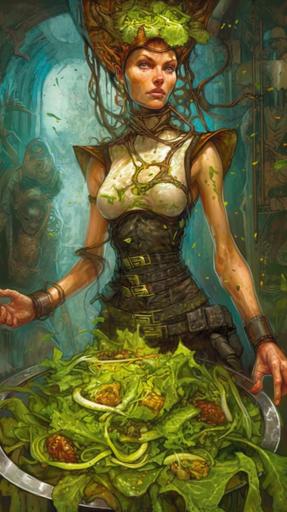 salad - mierlu::0 full body in the style of donato giancola and krenz cushart and Zdzisław Beksiński and anselm kiefer and craig mullins, in an explosion of salad, schizophrenic luminous skin ethereal greenhead dripping sauce lady wearing a salad suit, steampunk, cyberpunk, with monstrous biomechanical generous salad and big lacy juicy peach exploded in a lacy salad setting with flowering epiphytic climbing salad, powerfull inner light, liquid olive oil and vinegar and ink concept art, splashed, monstrous biomechanical dressing salad mechanic , dripping dressing sauce, dripping green and thick sald sauce, wooden fork and spoon, spoon and fork fluing, green flower tattoo, 8k, --ar 9:16 --chaos 80 --s 600 --no mockup --q 2 --uplight --v 5 --seed 320647121