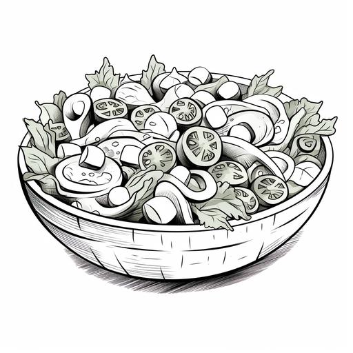 salad. cartoon style, black and white. lines are thick, the details are minimal, it's in black and white, and there is no shading