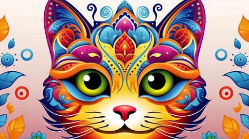 madala style cat, face,colors expert drawing with background of picture being painted, simple and clean lineart, coloring book page for child --ar 16:9