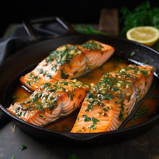 salmon filet baked in a pan with garlic and butter