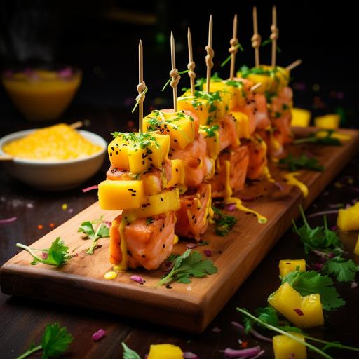 salmon mango ceviche skewers with yellow pepper foam on the wooden board, salmon and mango diced medium cut