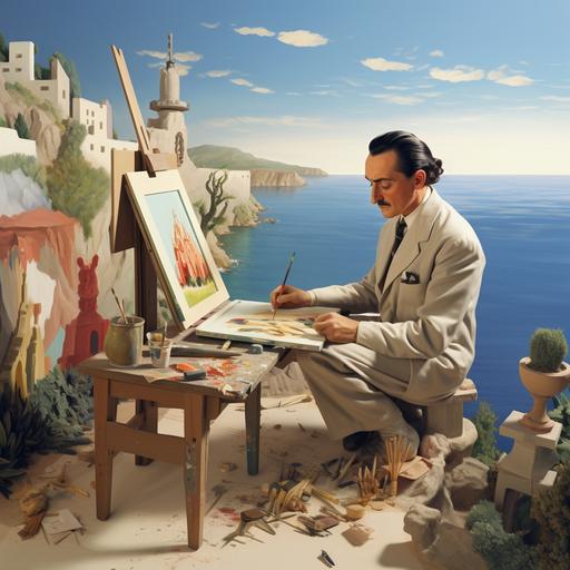 salvador dali working on his creative paintings outside his studio in catalan spain, seaside view, oil painting, 3d render, realistic HD