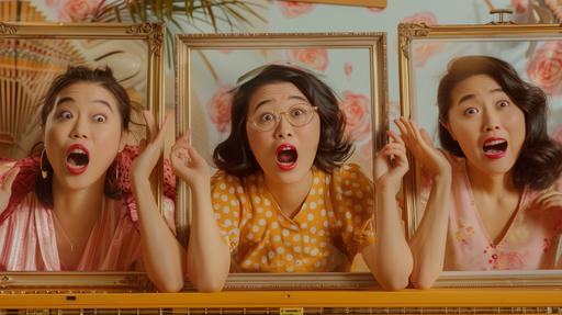 same asian woman from teenage to 40 year old inside photo frames situated on top of a piano, they are coming out of the frames interacting with each other in funny and happy ways, comedic vibes, cinematic. pastel colors, movie poster. --ar 16:9 --v 6.0