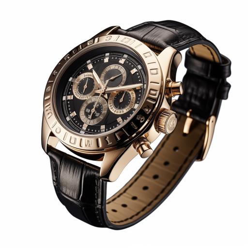 same champagne gold watch tilt left 30 degree with high detailed luxury black leather band