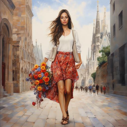 same girl asian with flowers in hands and walking front Sagrada family from Barcelona, shoes Nike and dressed dolce gabana horned owld