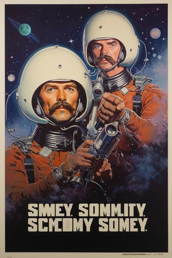 sammy bells and whistles montgomery the space cowboys, 60s movie poster, western sci-fi, mustachioed, hyperdetailed, muted colors, --ar 2:3