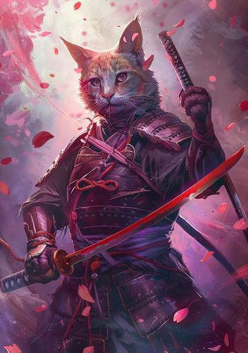 samurai cat by kizuri1, in the style of light purple and red, digital art techniques, action-packed cartoons, cobra, light crimson and white, tintoretto, anne mccaffrey --ar 45:64