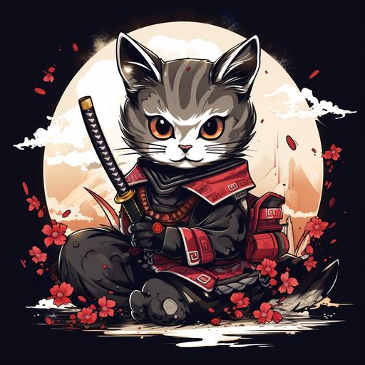 samurai cat, cartoon style drawing, traditional japanese style colors, high quality, maximum resolution.