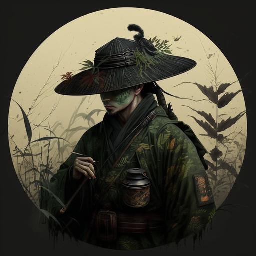 samurai, japanease male young, black and green kimono, smoking pipe, large straw basket hat, swamp, hexagon pattern