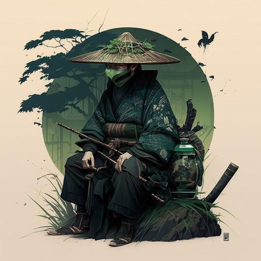 samurai, japanease male young, black and green kimono, smoking pipe, large straw basket hat, swamp, hexagon pattern
