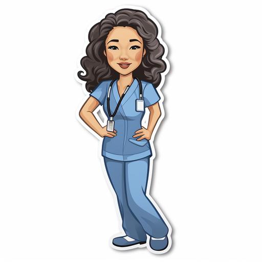 sandra oh in greys anatomy nurse wearing light blue scrubs sticker, cartoon style, vibrant colors