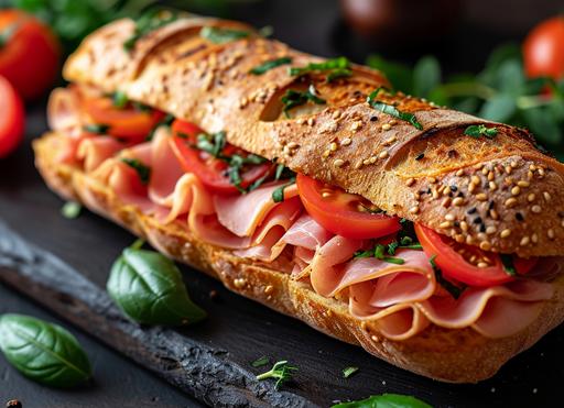 sandwich with ham, tomatoes and garlic stock photo image, in the style of uhd image, captivating chiaroscuro, hd mod, sparse, wrapped, antique subjects, wimmelbilder --ar 128:93 --s 750 --v 6.0 --style raw