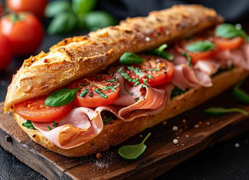 sandwich with ham, tomatoes and garlic stock photo image, in the style of uhd image, captivating chiaroscuro, hd mod, sparse, wrapped, antique subjects, wimmelbilder --ar 128:93 --s 750 --v 6.0 --style raw
