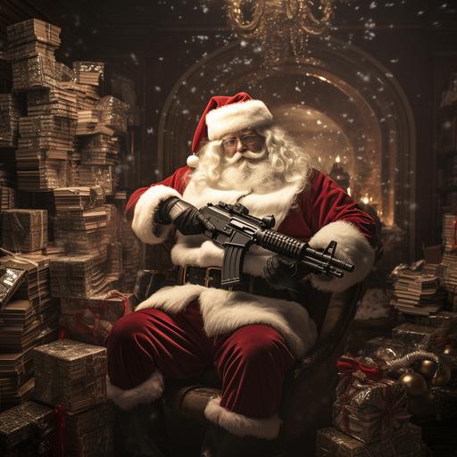 santa carrying a gun sitting in a money vault