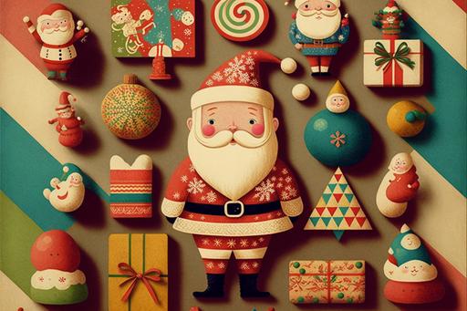 santa claus, SPICE, ERBS, VINTAGE TOY, snowman, TOY, pattern vintage illustration, colorfull. --ar 3:2 --v 4