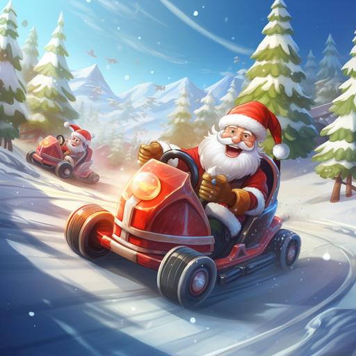 santa claus driving a go kart at the north pole, in a race between the chirstmas elves, snowy racetrack, trees around the side, white and red candy cains for barriers, light hearted cartoon style