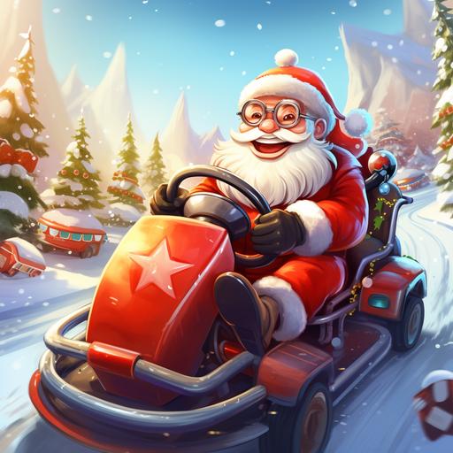 santa claus driving a go kart at the north pole, in a race between the chirstmas elves, snowy racetrack, trees around the side, white and red candy cains for barriers, light hearted cartoon style