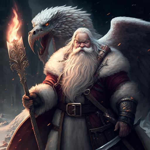 santa claus druid character holding a flaming sword next to a white dragon, concept art, epic fantasy, heroes of might and magic, album cover, legend of the cryptids, dumbledore, card game illustration, fat dragon, dragon snake with wings, full body, intricately detailed, illustration, aura, haze, HD, 8k, artstation, Zdzisław Beksińki, Alan Lee, HR Giger, Michal Karcz, Jason Park, Andree Wallin, Michal Klimczak, Simon Stalenhag, John Howe, hyperrealistic, hyper detailed, 3D render, octane render --v 4