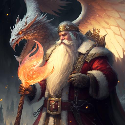 santa claus druid character holding a flaming sword next to a white dragon, concept art, [[fantasy]], heroes of might and magic, album photo, legend of the cryptids, fat dragon, dragon snake with wings, 2k, full body, intricately detailed, dungeons and dragons illustration, aura, haze, HD, 8k, artstation, Zdzisław Beksińki, Alan Lee, HR Giger, Michal Karcz, Jason Park, Andree Wallin, Michal Klimczak, Simon Stalenhag, John Howe, hyperrealistic, hyper detailed, 3D render, octane render --v 4