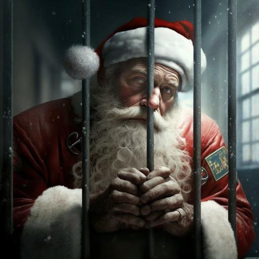 santa claus in handcuffs behind bars in prison --v 4