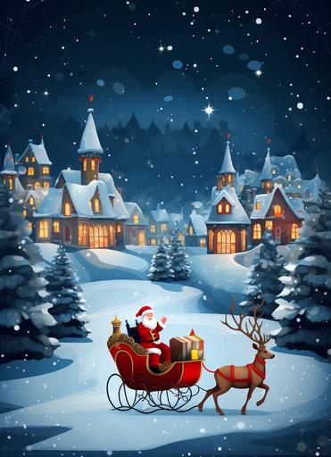 santa claus in sleigh and reindeers, winter city with background in a red sleigh, in the style of wallpaper, dark azure and white, dark azure and red, atey ghailan, 2d, eye-catching, dark gray and red --ar 46:63