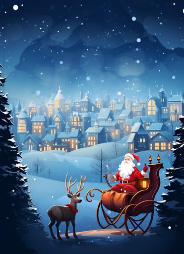 santa claus in sleigh and reindeers, winter city with background in a red sleigh, in the style of wallpaper, dark azure and white, dark azure and red, atey ghailan, 2d, eye-catching, dark gray and red --ar 46:63