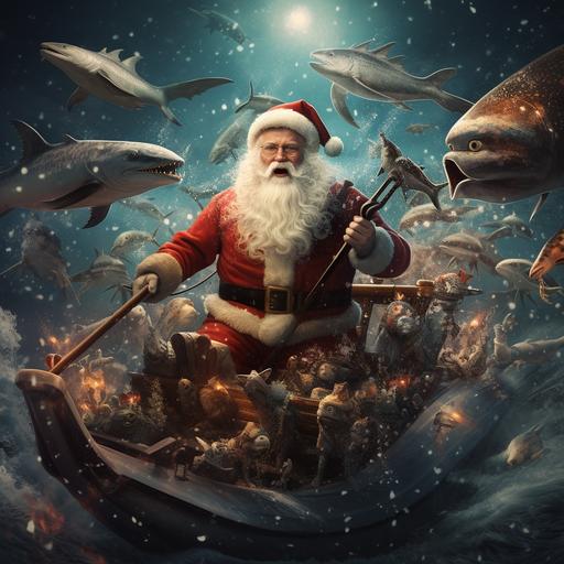 santa claus on a boat, surounded by many sea animals like dolphins and seahorses and whales