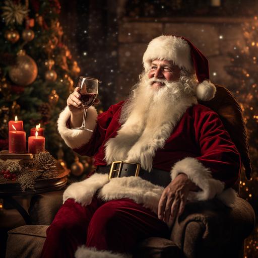 santa claus relaxing, enjoying a glass of wine, xmas tree with lights in the background