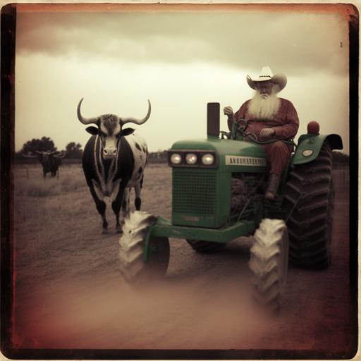 santa clause riding a john deere tractor being chased by a texas longhorn   dark country   kodak polaroid photography --v 4
