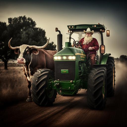santa clause riding a john deere tractor being chased by a texas longhorn   dark country   cinematic photography --v 4