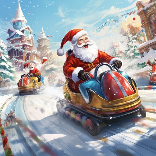 santa cluas racing a yellow and blue go kart, at the north pole, snowy, trees on the side of the track, red and white candy cains as barriers, elfs in the crowd cheering, kids cartoon style