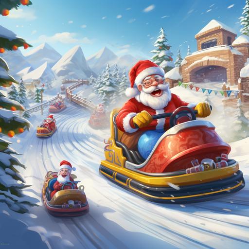 santa cluas racing a yellow and blue go kart, at the north pole, snowy, trees on the side of the track, red and white candy cains as barriers, elfs in the crowd cheering, kids cartoon style