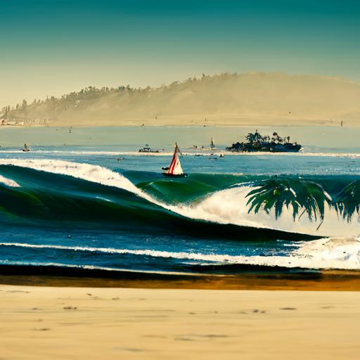 santa cruz, ca beach, surf, boats, palm trees, realistic