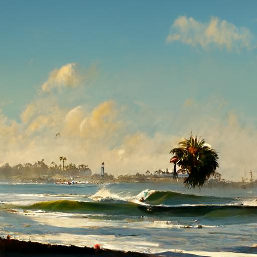 santa cruz, ca beach, surf, boats, palm trees, realistic