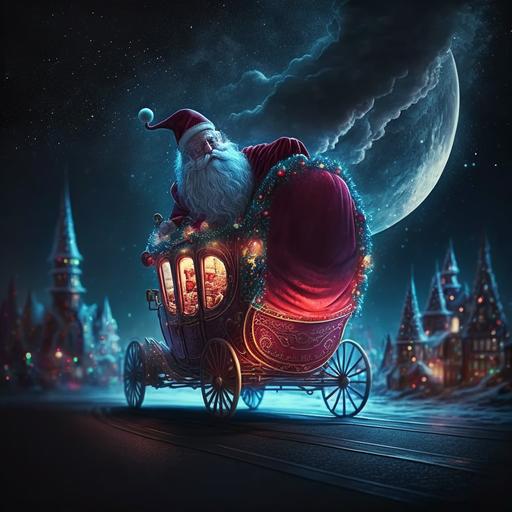 santa flying on his carriage with bags of gift on a dark night wearing a red gown with detailed beard nad mulitcolored lights on his carrage in future ultrarealistic 8k night life