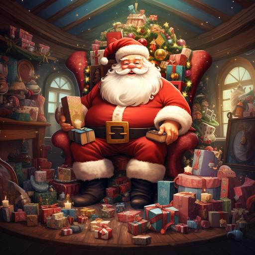 santa with a huge belly sitting on a big chair surrounded by a bunch of little , in a room with huge and also little gifts of different colors and christmas tree, cartoon
